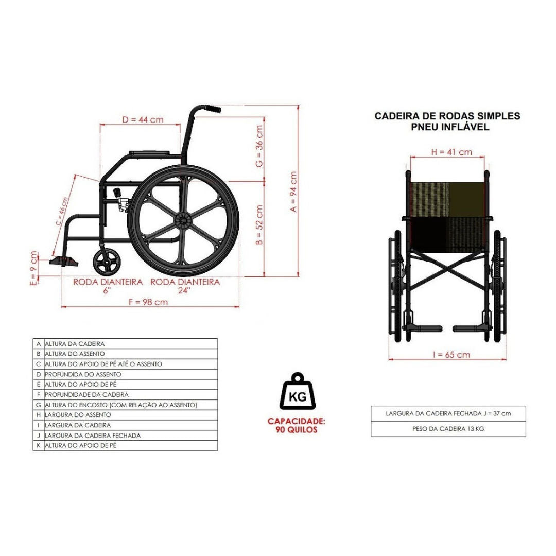 Cadeira de Rodas Nylon Pés Fixos Pneu Inflável PL002 Prolife