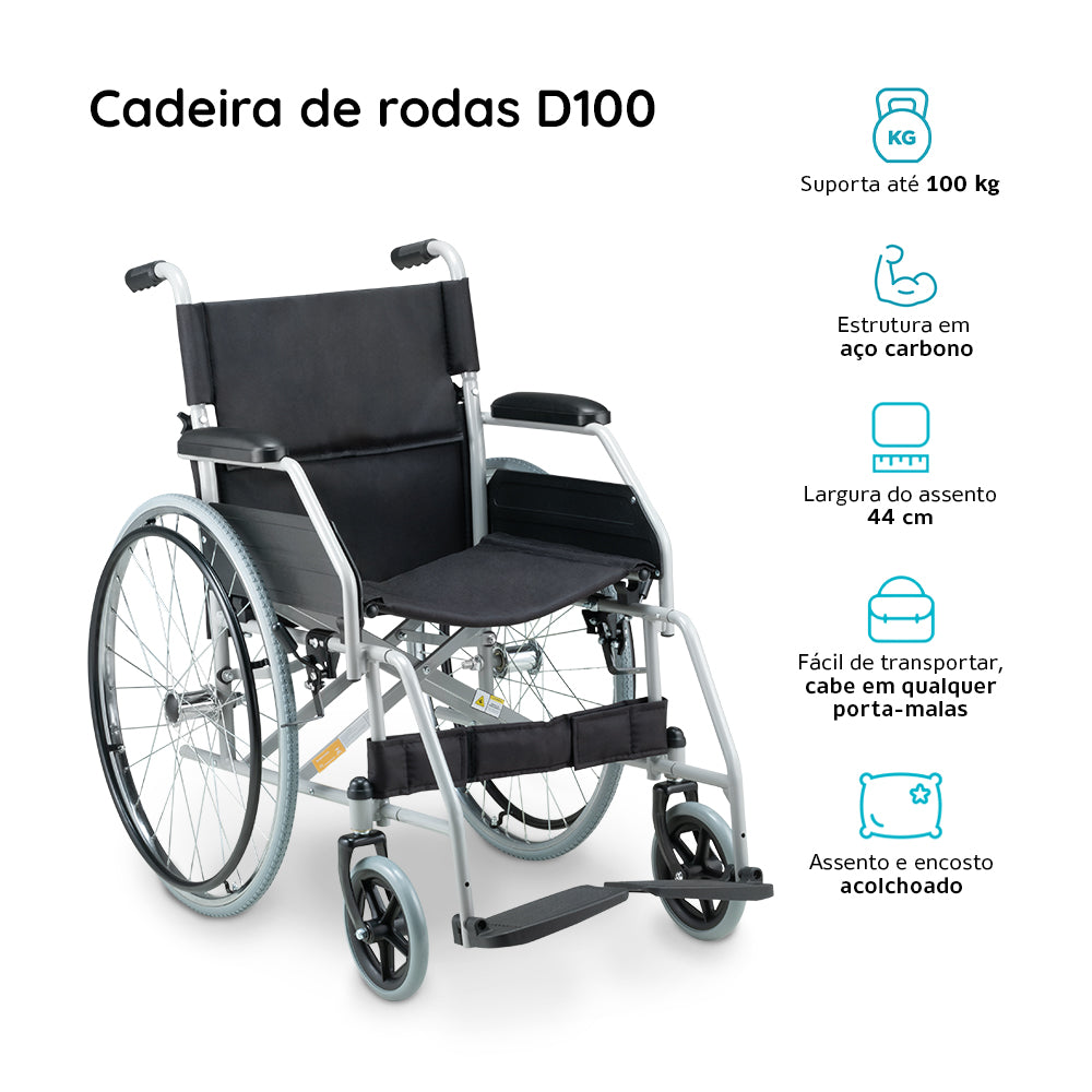 Cadeira de Rodas em Aço Carbono Dobrável até 100kg 44cm D100 Dellamed