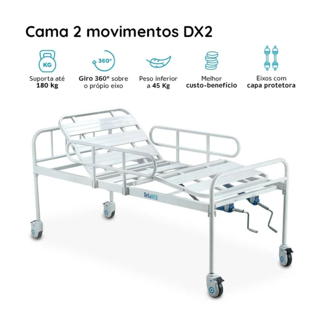 Kit Cama Hospitalar Simples 2 Manivelas com Grade DX2 Dellamed + Colchão D33