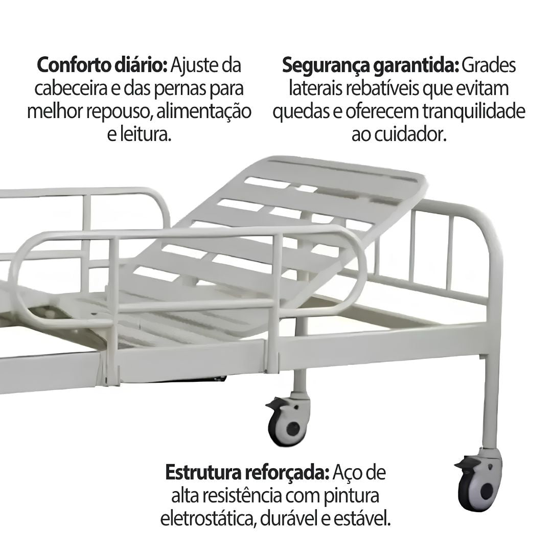 Cama Hospitalar Fawler Simples 2 Manivelas + Colchão D28 Dellamed + E-book