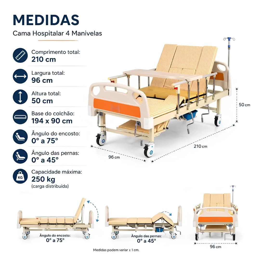 Cama Hospitalar 4 Manivelas Senior Care Confortmax Até 250Kg - Supermedy