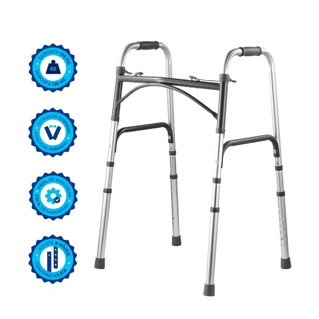 Andador Aluminio 2 Barras Clique Duplo Prata Acetinado MED140 Cap 135kg - Live Well