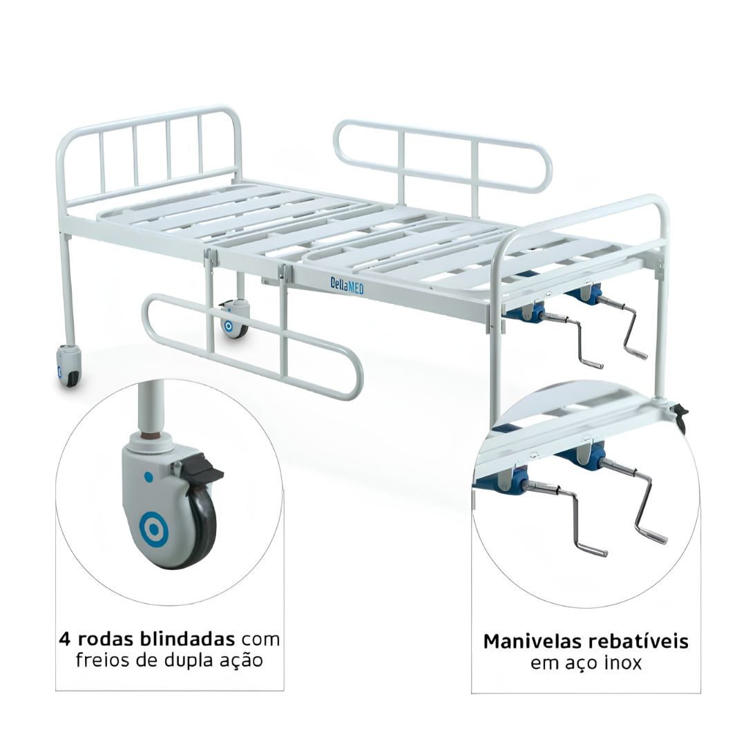 Cama Hospitalar Fawler Simples 2 Manivelas + Colchão D28 Dellamed + E-book