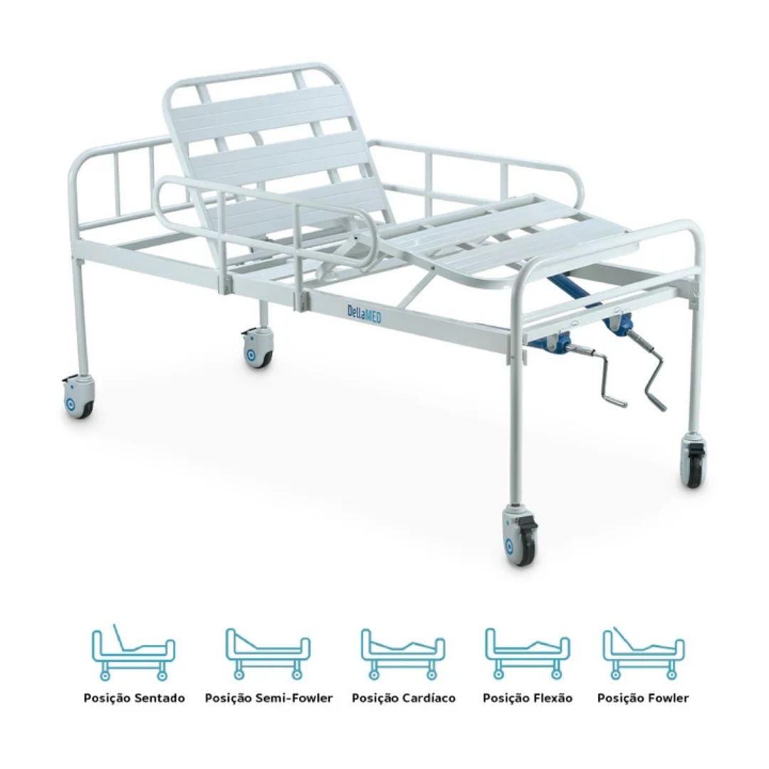 Kit Cama Hospitalar Simples 2 Manivelas com Grade DX2 Dellamed + Colchão D33