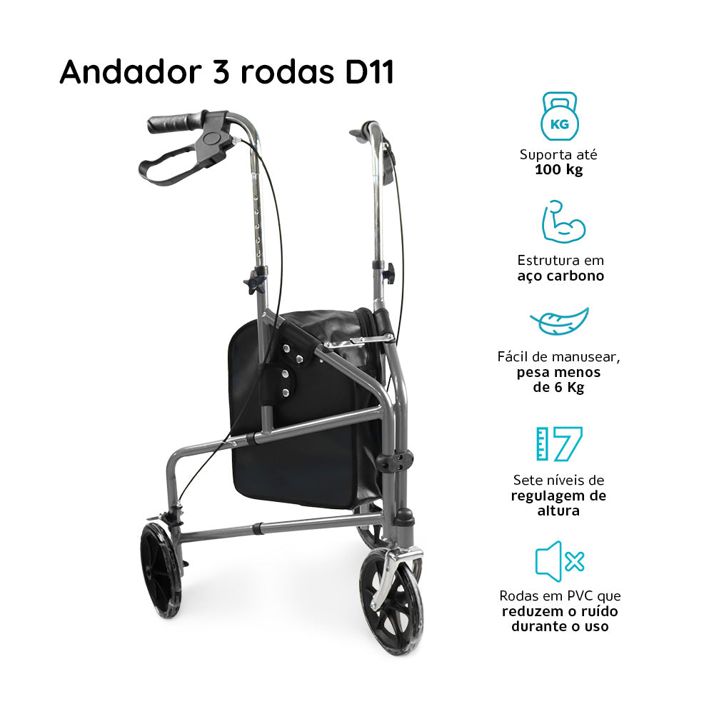 Andador Dobrável 3 Rodas D11 até 100kg Dellamed