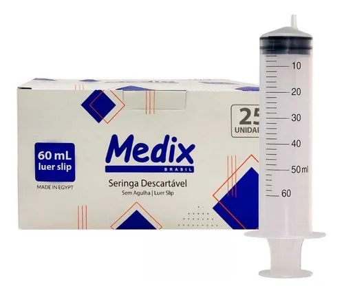 Seringa 60ml Luer Slip Descartável Sem Agulha 25 Unidades Medix