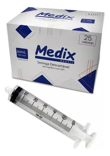 Seringa 60ml Luer Lock Descartável Sem Agulha 25 Unidades Medix + E-book