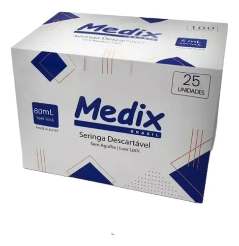 Seringa 60ml Luer Lock Descartável Sem Agulha 25 Unidades Medix + E-book