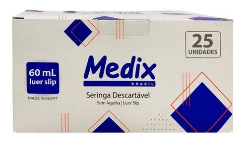 Seringa 60ml Luer Slip Descartável Sem Agulha 25 Unidades Medix