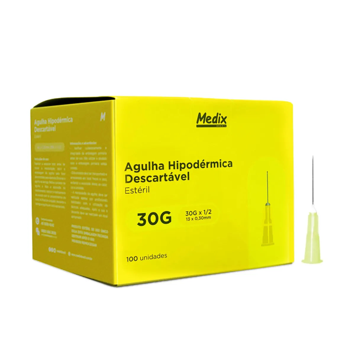 Agulha Hipodérmica Descartável 13x0,30mm Amarela Caixa C/ 100 Unidades Medix