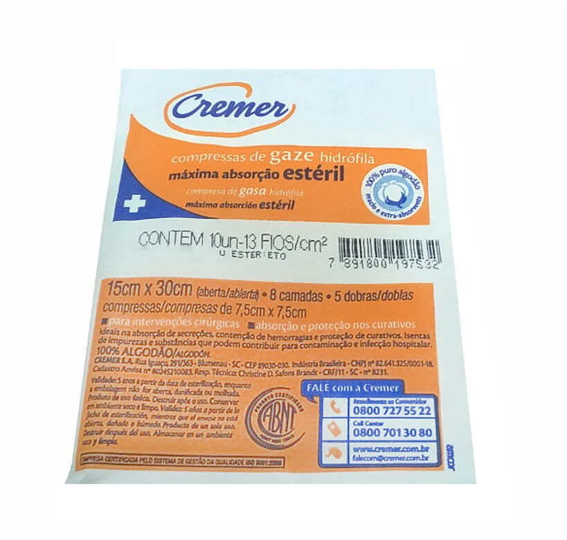 Compressa de Gaze Estéril 7,5x7,5cm 13 Fios com 10 Und Cremer