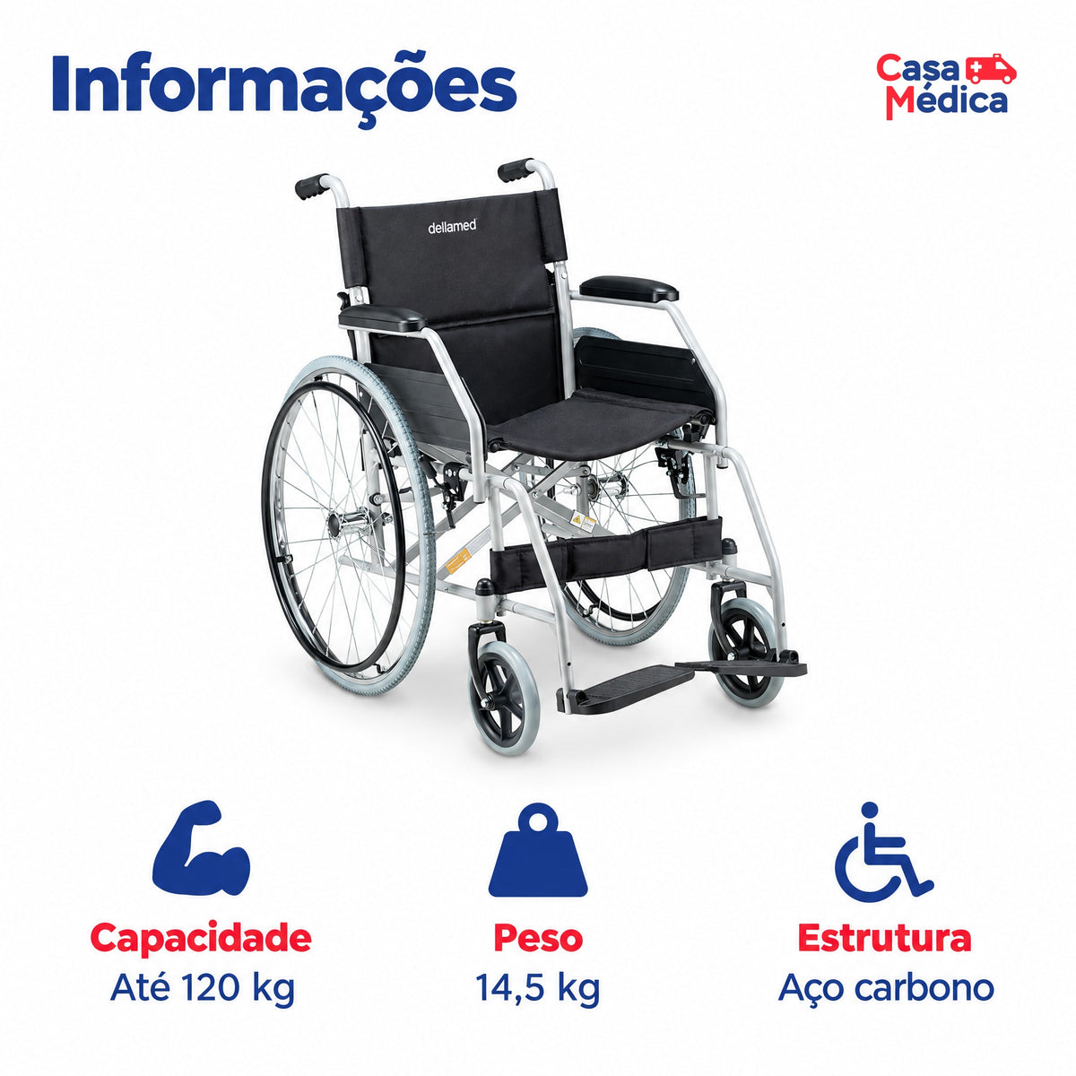 Cadeira de Rodas D100 Aço Dellamed - imagem 2