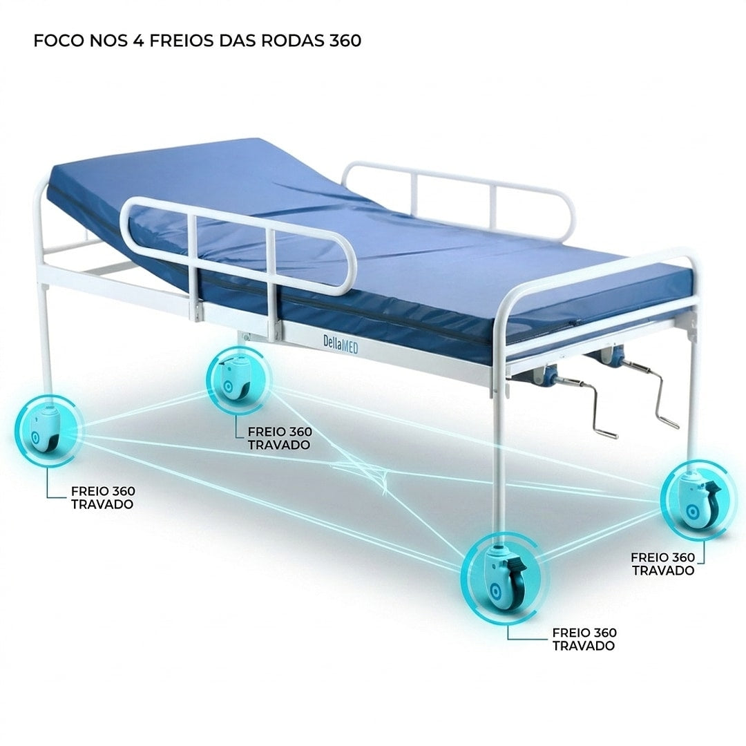 Cama Hospitalar Fawler Simples 2 Manivelas + Colchão D28 Dellamed + E-book