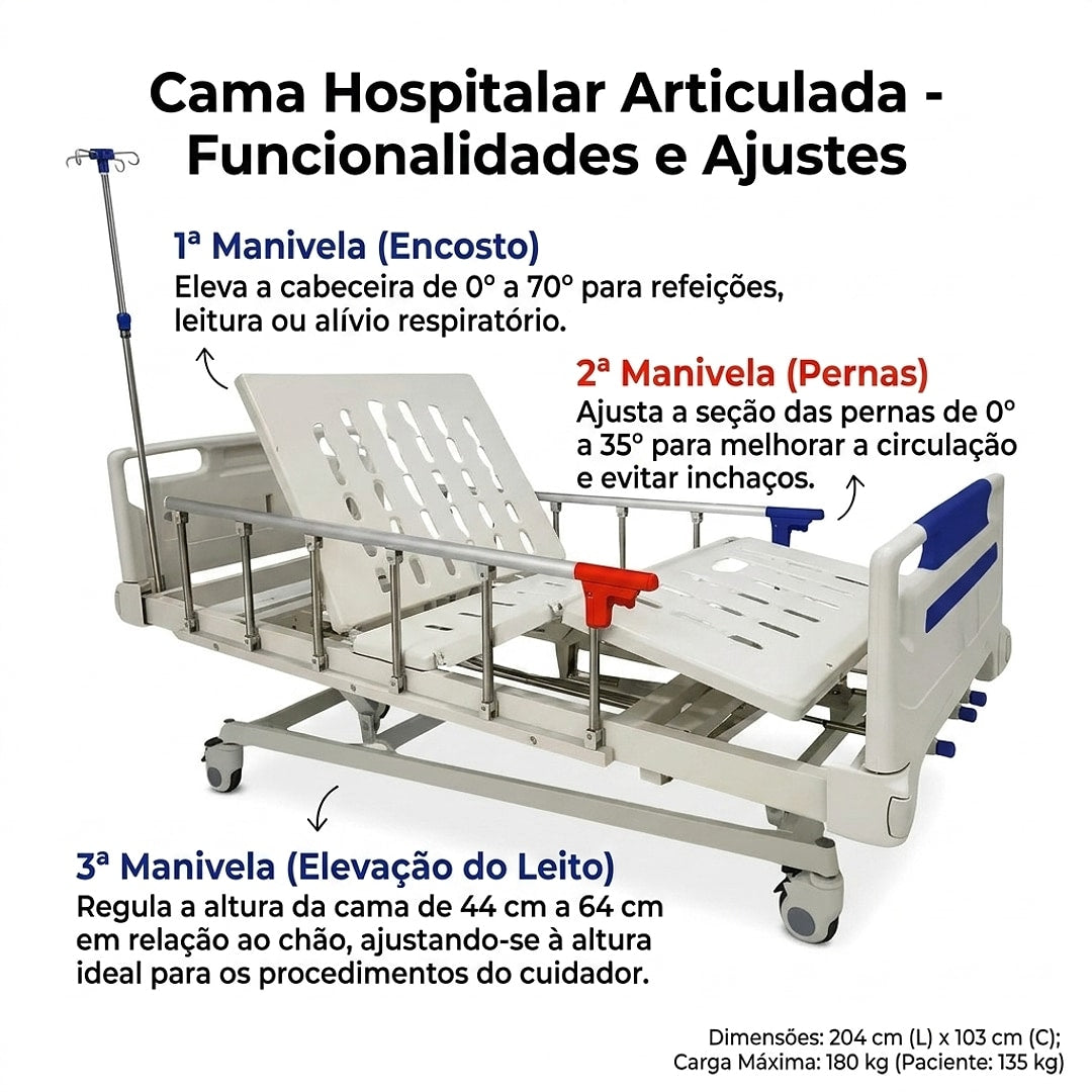 Cama Hospitalar 3 Manivelas até 250kg - Supermedy