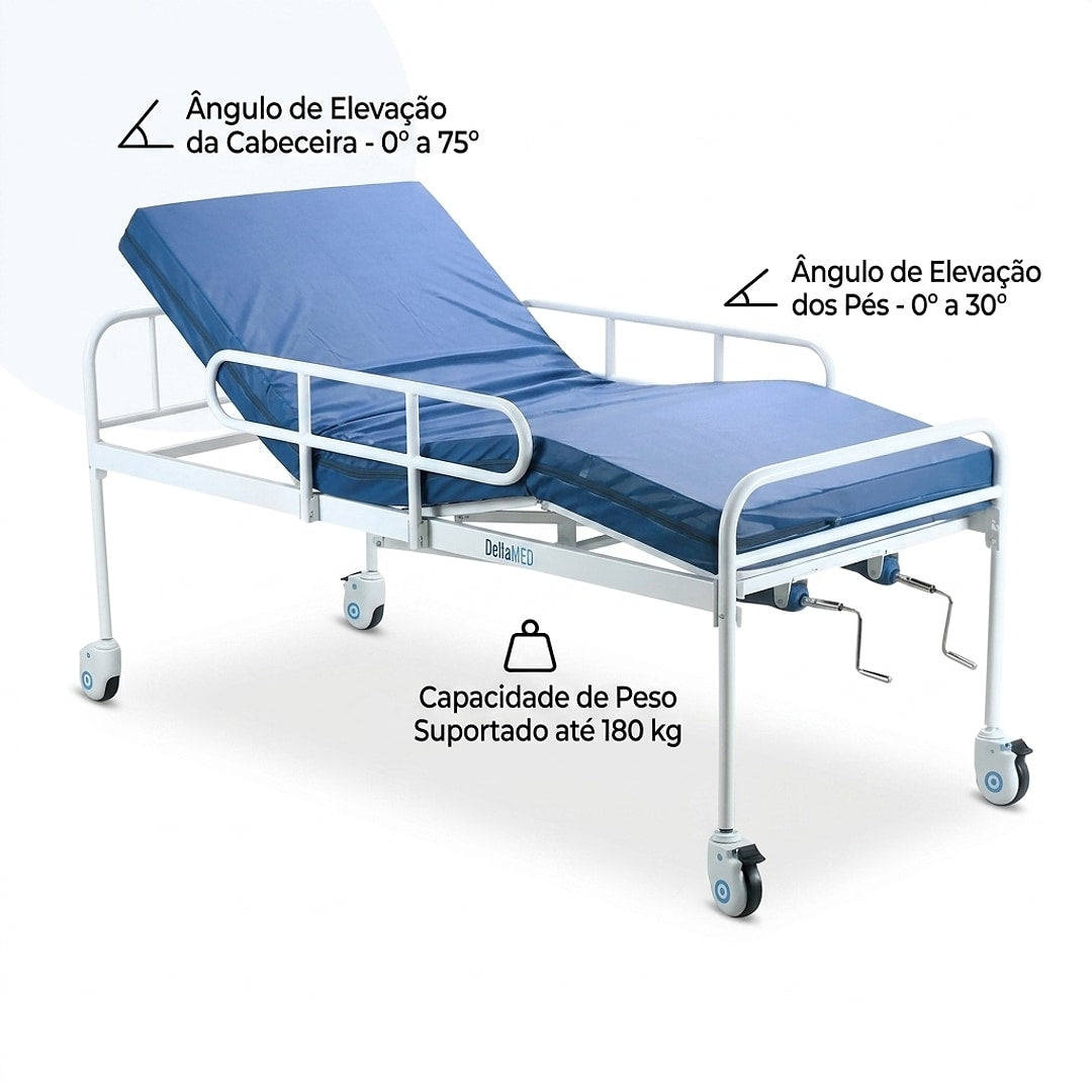 Cama Hospitalar Fawler Simples 2 Manivelas + Colchão D28 Dellamed + E-book