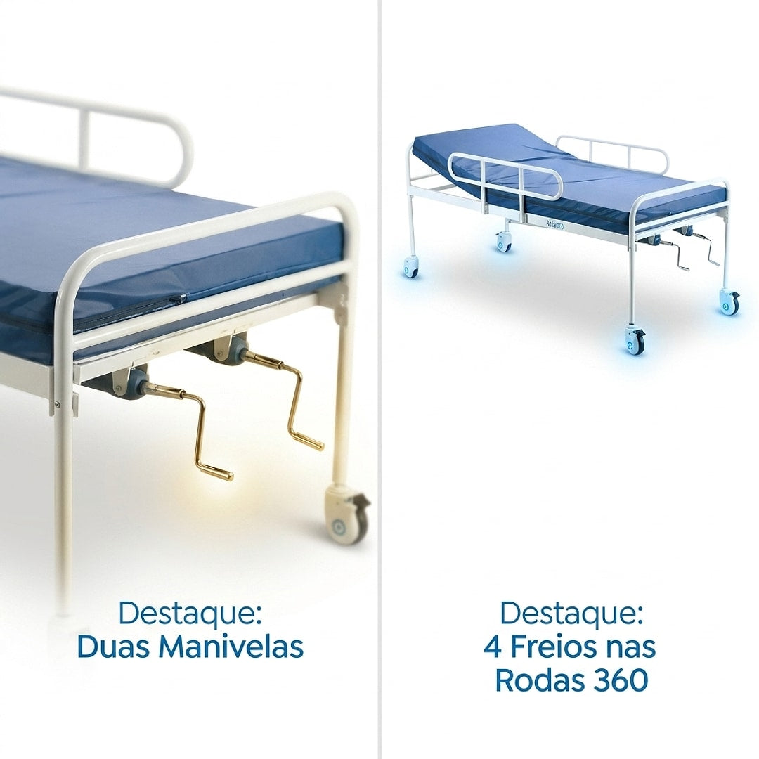 Cama Hospitalar Fawler Simples 2 Manivelas + Colchão D28 Dellamed + E-book