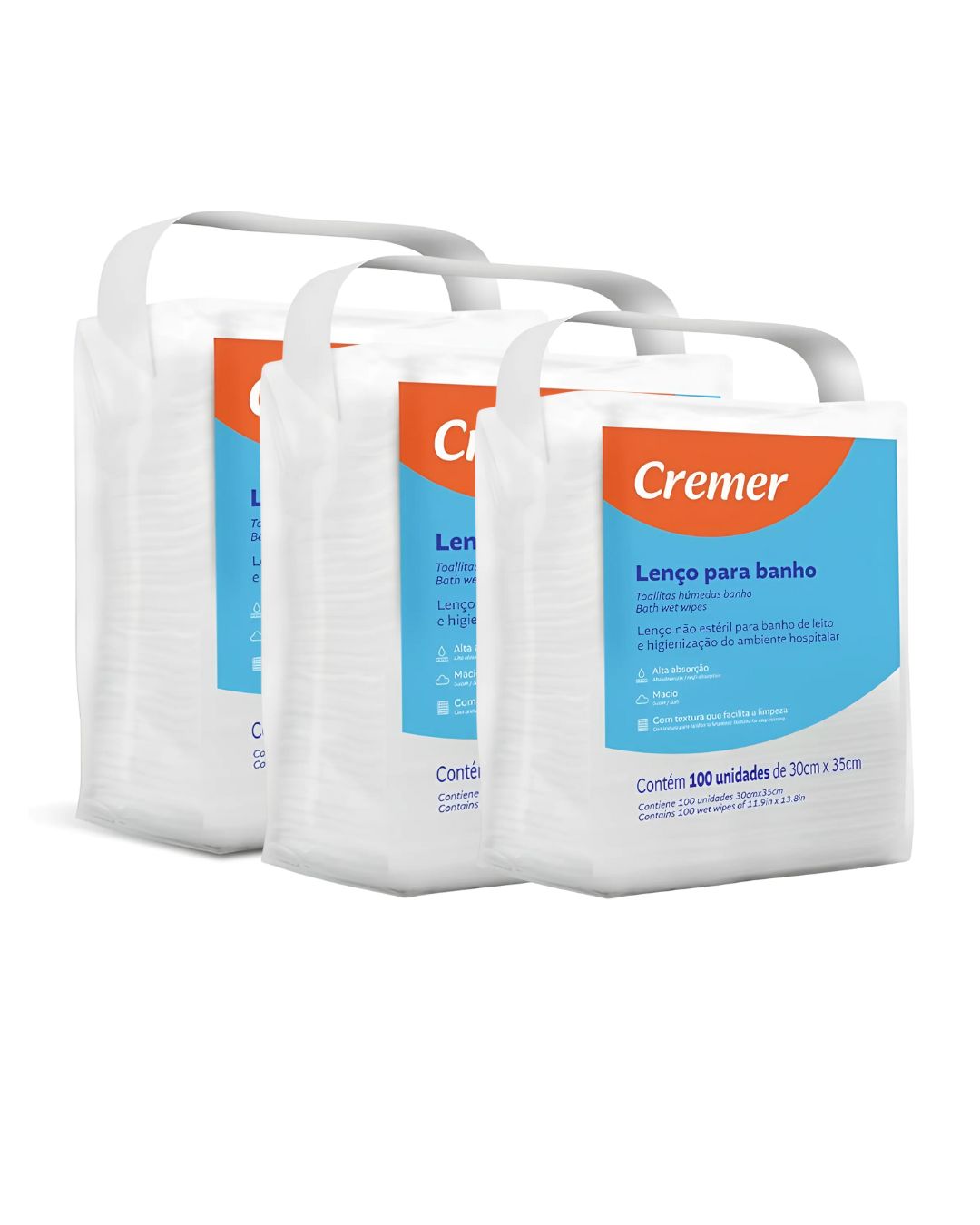 Lenço Para Banho e Higienização 30cm X 35cm 300und / 3 Pacotes Cremer + E-book