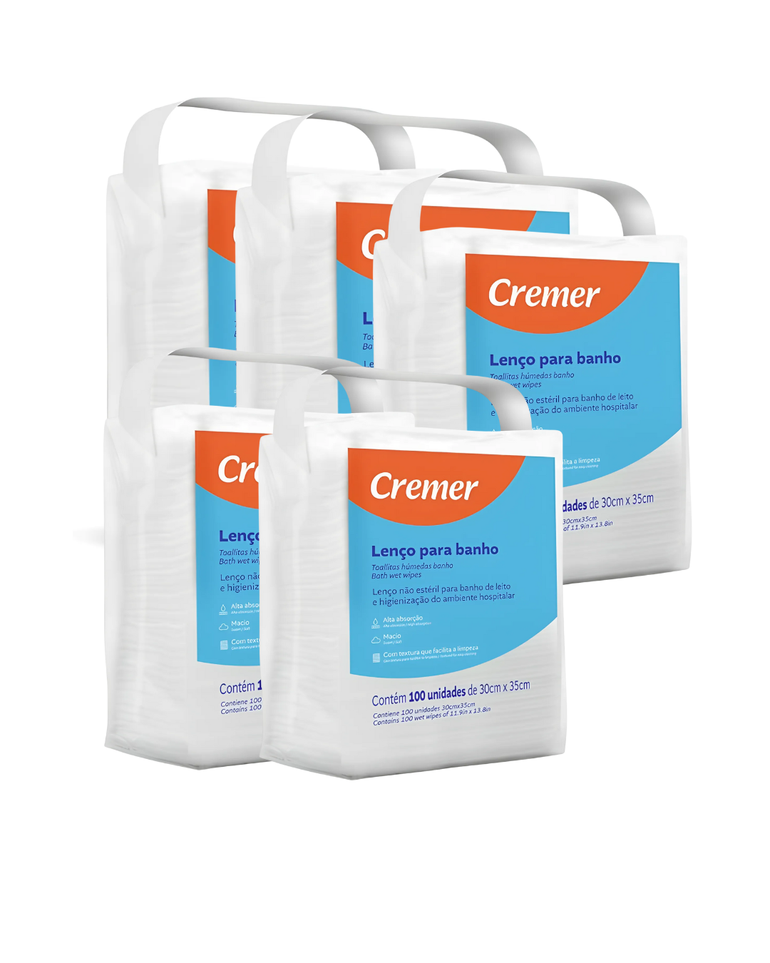 Lenço Para Banho e Higienização 30cm X 35cm 500und Cremer/ 5 Pacotes + E-book