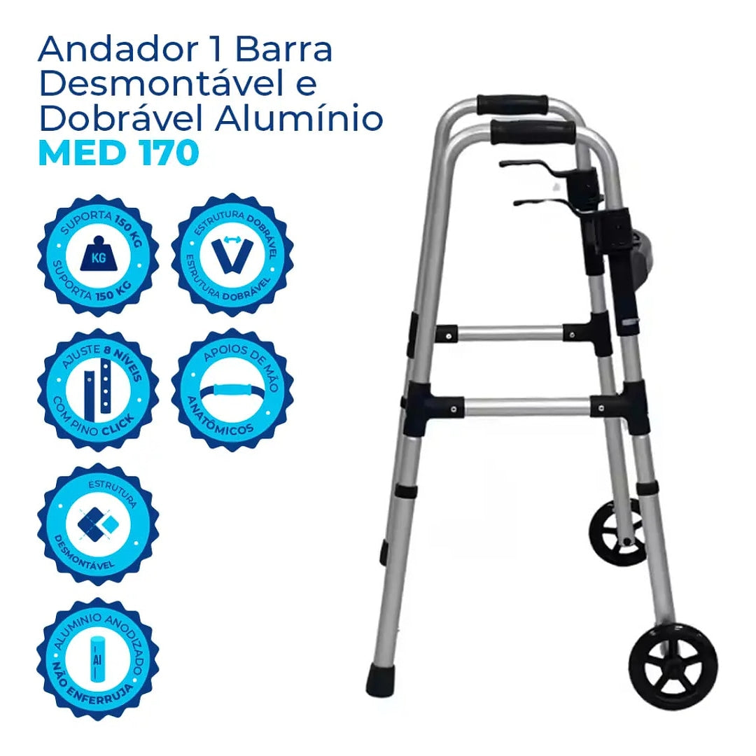 Andador 1 Barra Desmontável e Dobrável com Rodas - Live Well