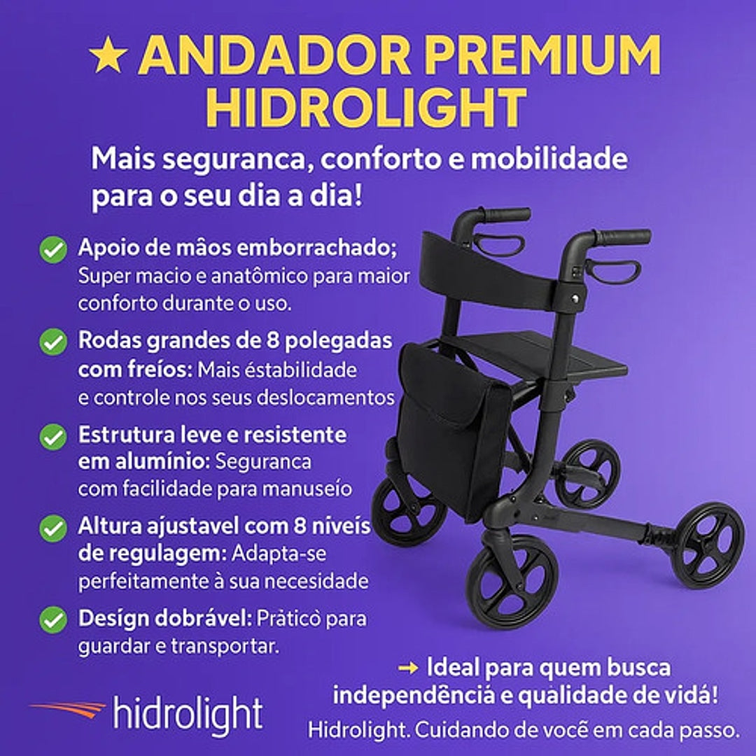 Andador Adulto Idoso 4 Rodas Dobrável Premium Hidráulico (SC303) - Hidrolight