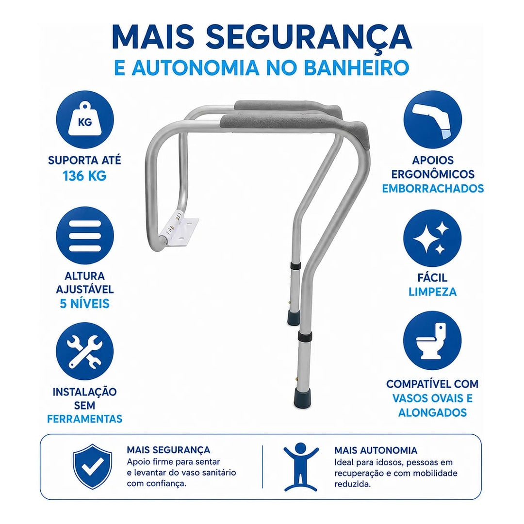 Alça Suporte para Vaso Sanitário Ajustável em Alumínio 135kg - Medicine Live Well
