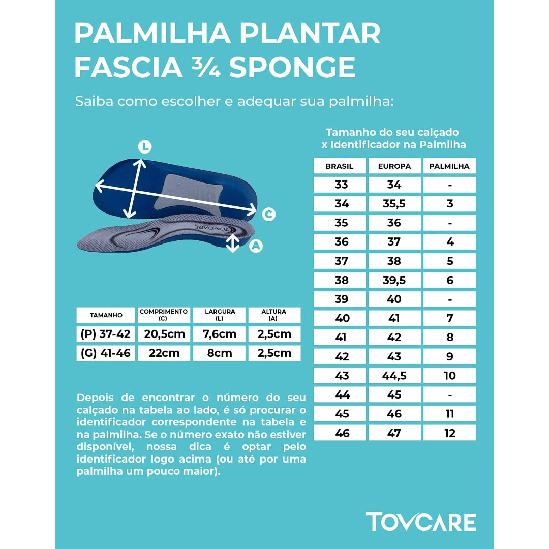 Palmilha Plantar Fáscia 3/4 Gel - G - Tovcare