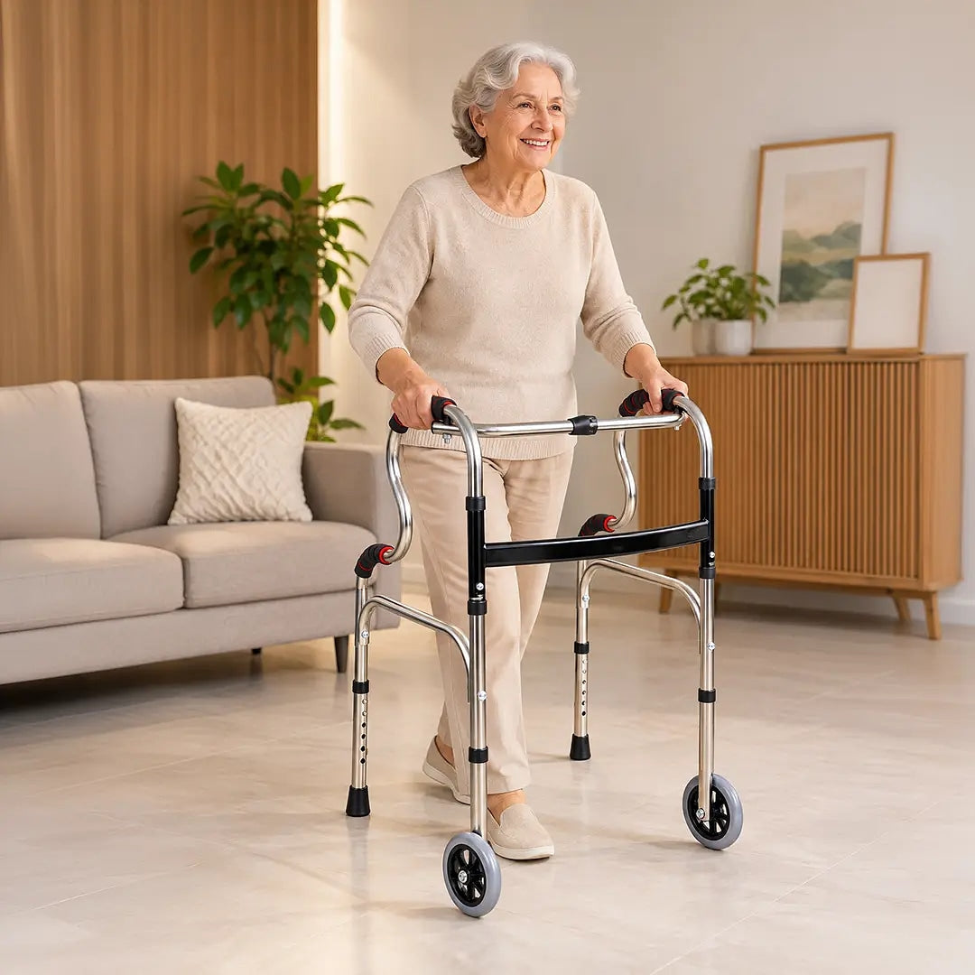 Andador em Aço Inoxidável 2 Níveis Articulado com Rodas - Longevitech