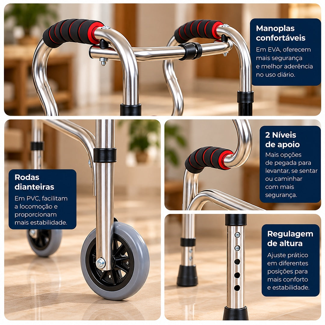 Andador em Aço Inoxidável 2 Níveis Articulado com Rodas - Longevitech