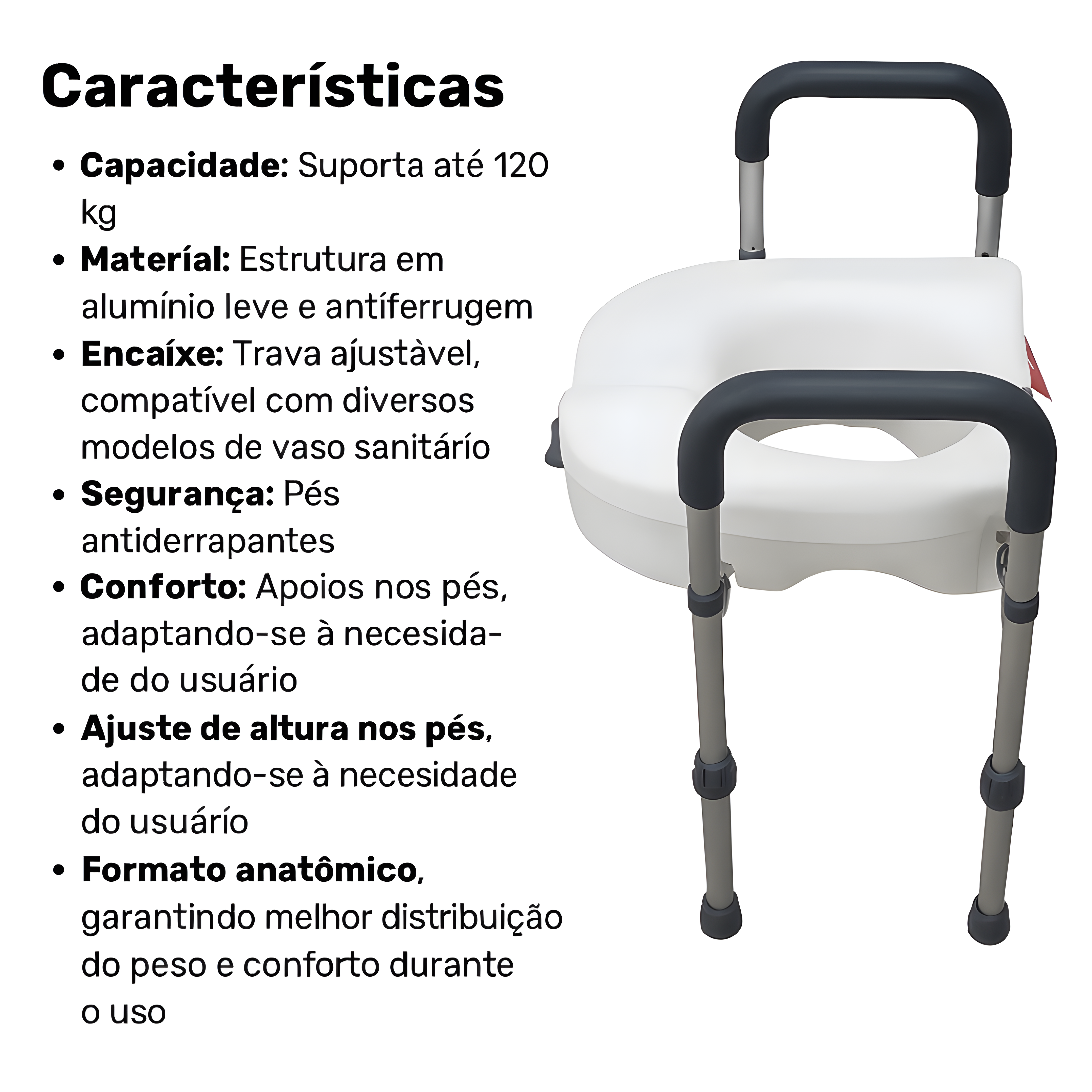 Assento Sanitário Elevado Com Barra De Apoio Alumínio - Supermedy