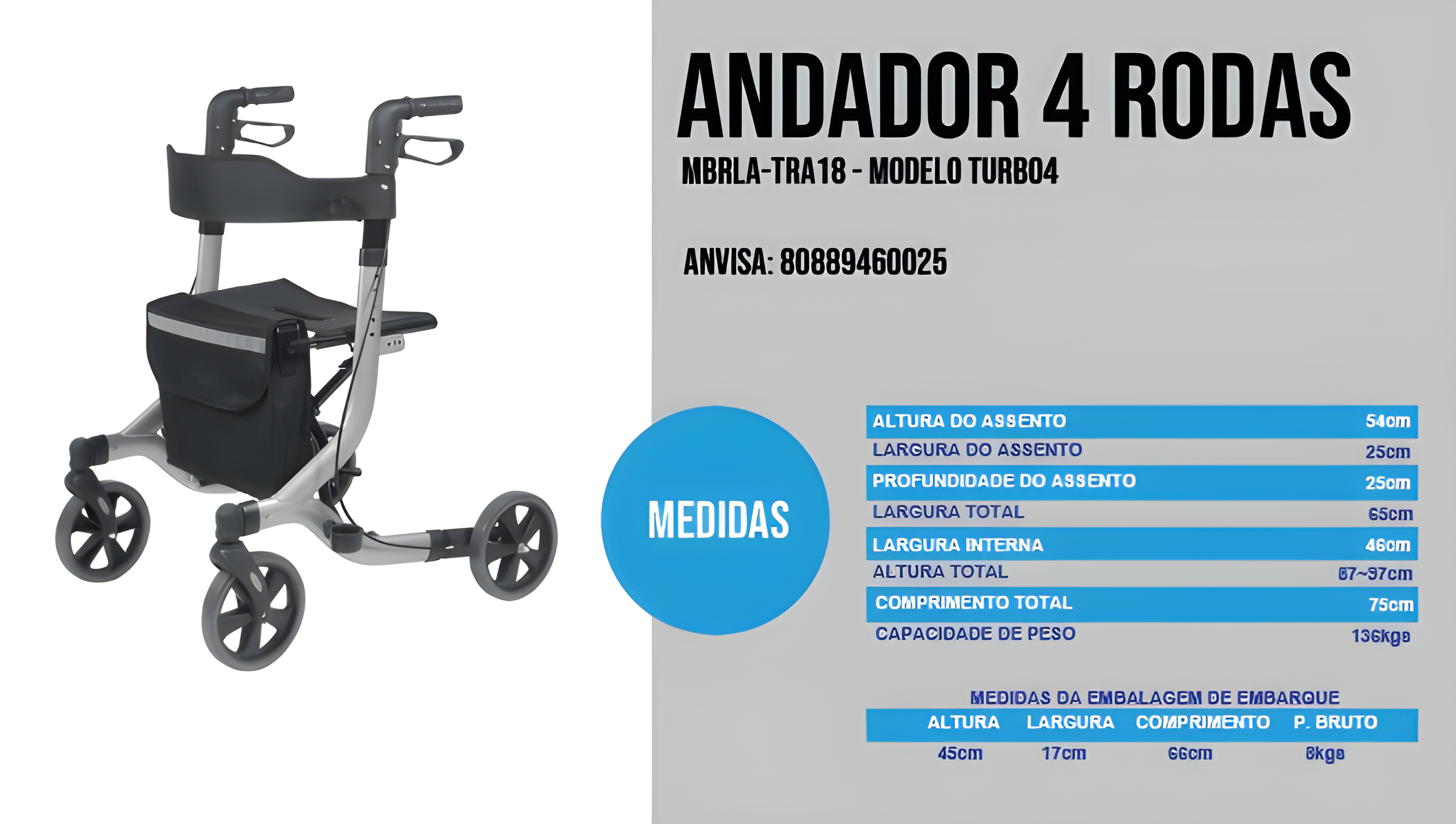Andador 4 Rodas Dobrável até 130kg New Joy - Mobil