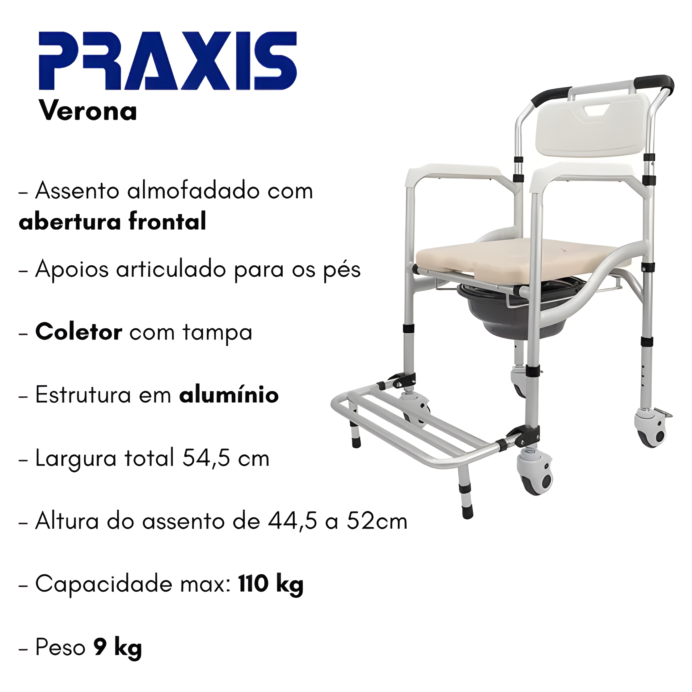 Cadeira de Banho e Higienização Desmontável em Alumínio Verona - Praxis