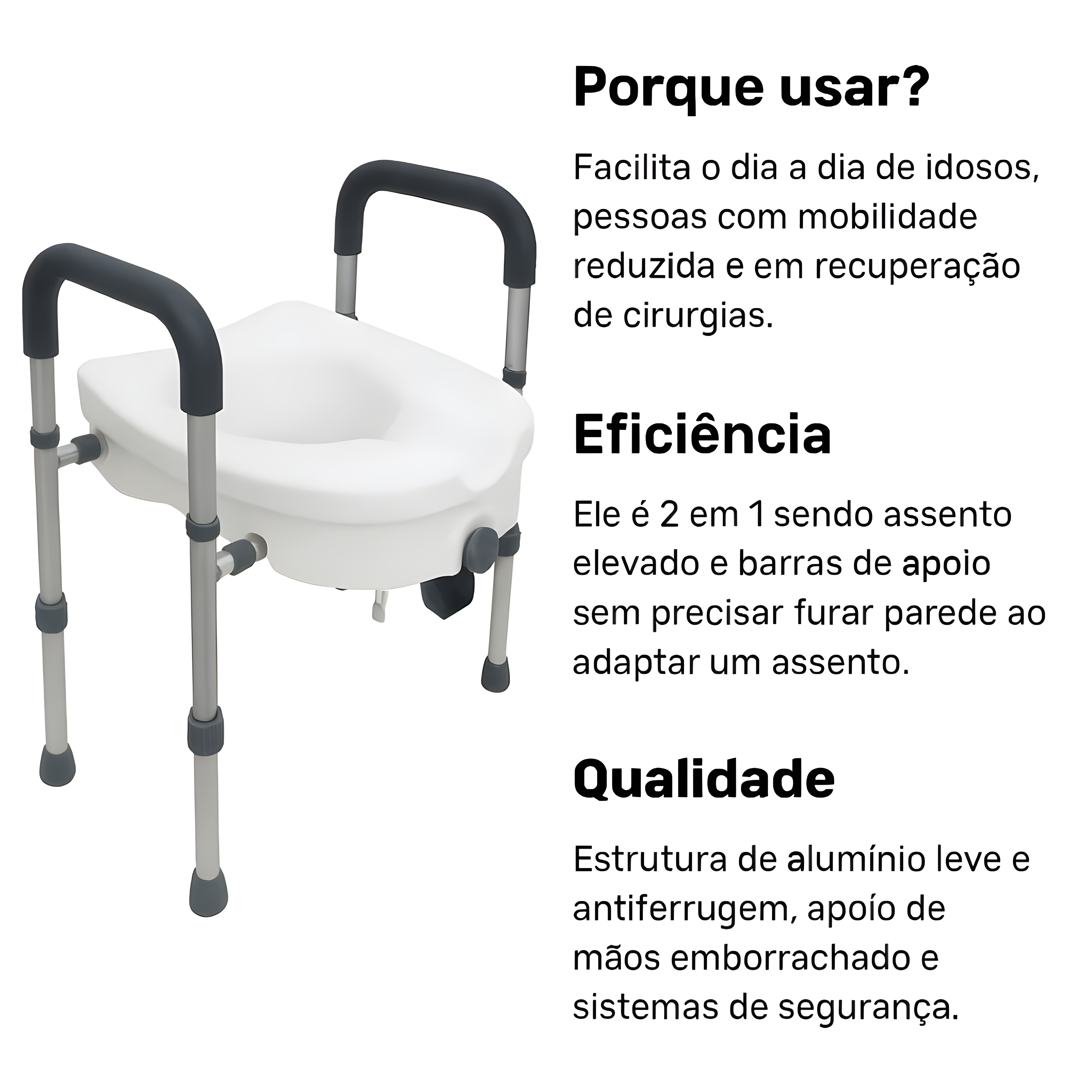 Assento Sanitário Elevado Com Barra De Apoio Alumínio - Supermedy
