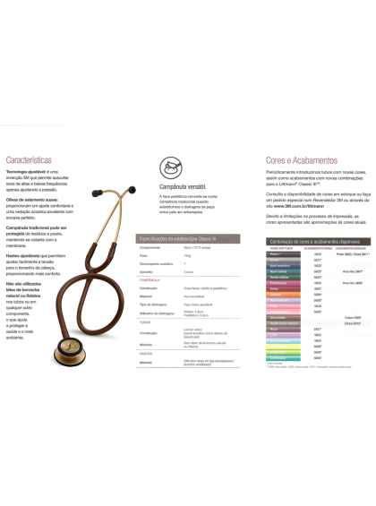 Tabela de dados do Estetoscópio Littmann Classic III Adulto Chocolate Cobre