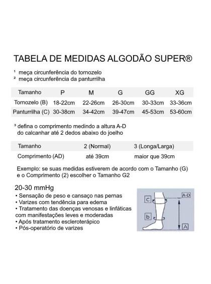 Meia de Compressão 3/4 Sigvaris Algodão Super 20-30 mmHg G3