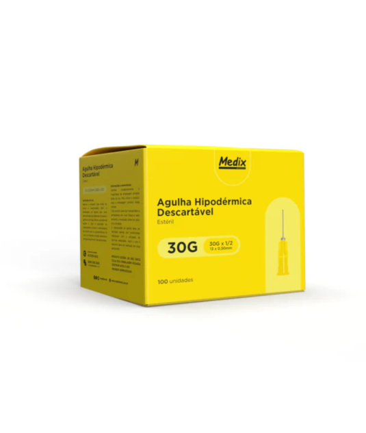 Agulha Hipodérmica Descartável Medix (13x0,30mm) 30Gx1/2 – Caixa com 100 Unidades Estéreis