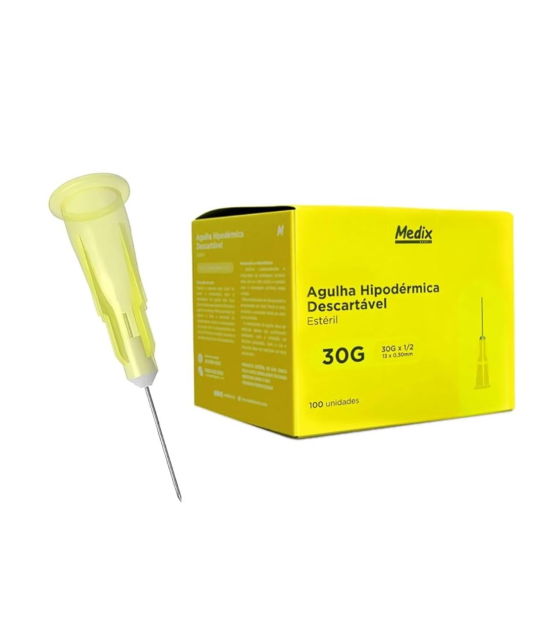 Agulha Hipodérmica Descartável Medix (13x0,30mm) 30Gx1/2 – Caixa com 100 Unidades Estéreis