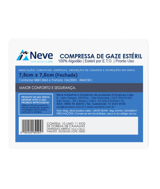 Compressa de Gaze Estéril 7,5x7,5cm 11 Fios com 10 Und Neve