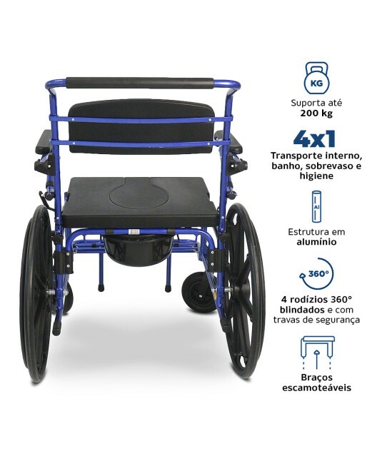 Cadeira de Banho D70 em Alumínio até 200 kg Assento 51cm - Dellamed