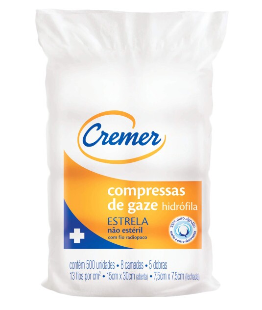 Compressa de Gaze 7.5x7.5 com 500 Unidades 11 fios Nidia Cremer