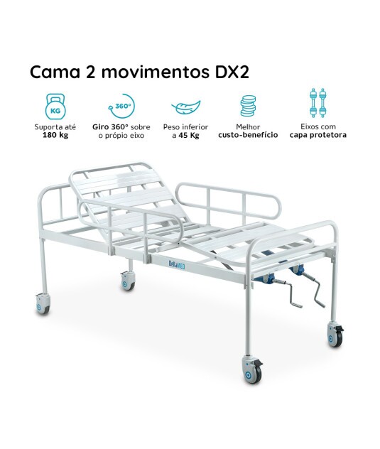Cama Fawler Simples 2 Manivelas com Grade DX Dellamed