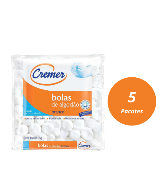 Algodão em Bolas 5 Pacotes de 95g Cremer 