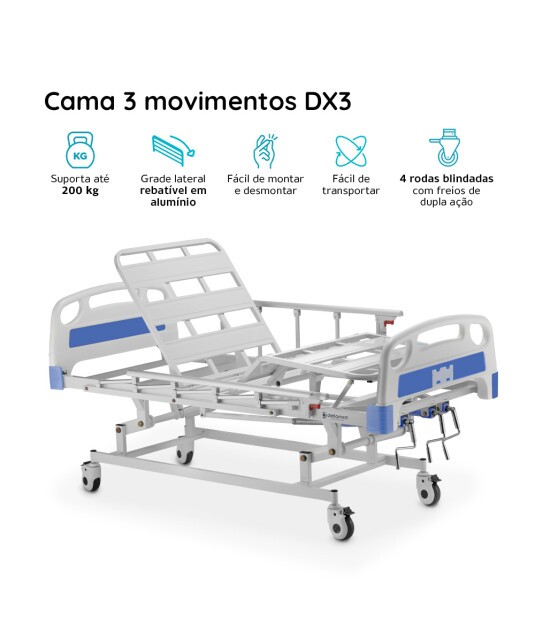 Cama Hospitalar DX3 3 Movimentos até 200 Kg Dellamed