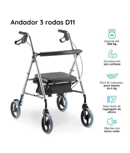 Andador com 4 Rodas Assento e Cesta D12 Dellamed