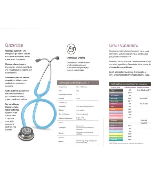 Estetoscópio Littmann Classic III Adulto Azul Turquesa 3M