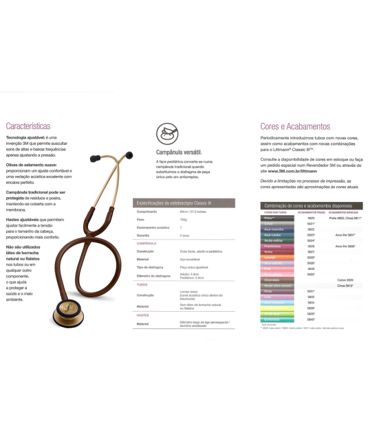 Tabela de dados do Estetoscópio Littmann Classic III Adulto Chocolate Cobre