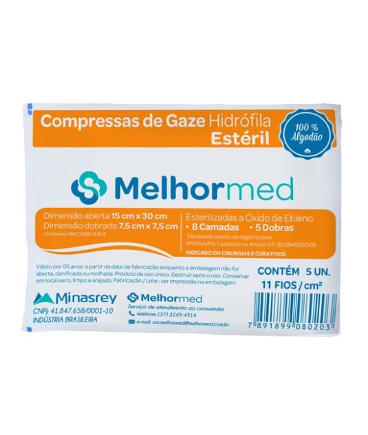 Compressa de Gaze Esteril 7,5x7,5 11 Fios c/ 5uni Melhormed