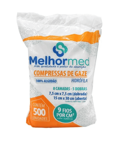 Compressa de Gaze 7,5x7,5cm de 9 Fios com 500 Und Melhormed