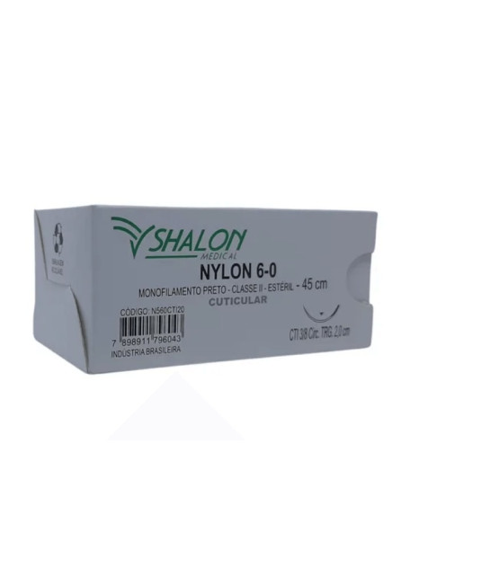 Fio nylon 6-0 c/ag 3/8 cir trg 3,0cm 45cm SHALON unidade 