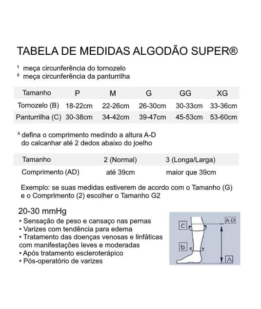 Meia de Compressão 3/4 Sigvaris Algodão Super 20-30 mmHg