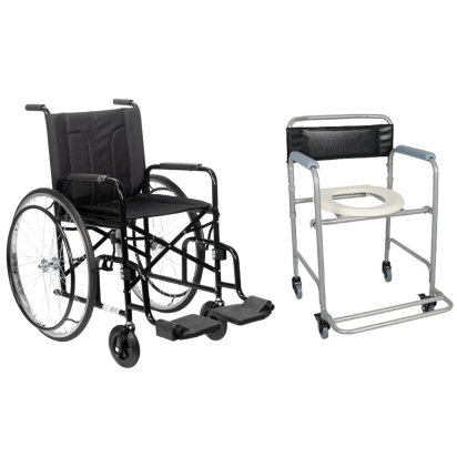 Cadeira de Rodas M2000 com Pneus Maciços 40cm (85kg) Preta - CDS + Cadeira de Banho Higiênica Dobrável Até 100 Kg D30 Dellamed